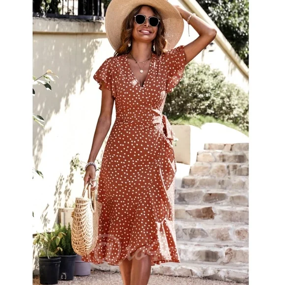 Polka Dot Midi Dress Wrap Burnt Orange - Picture 6 of 10